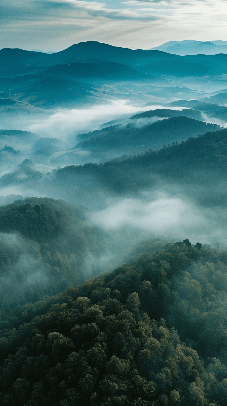 Misty green forests and mountains