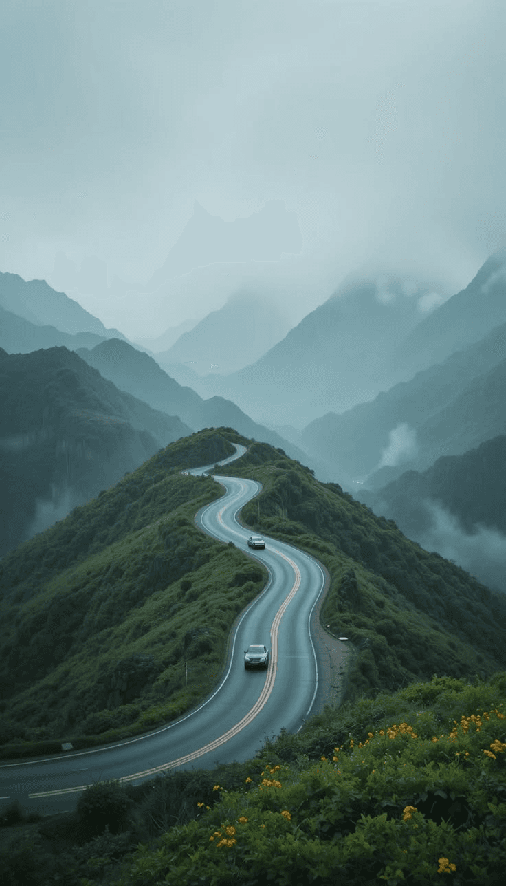 Winding road through green mountains